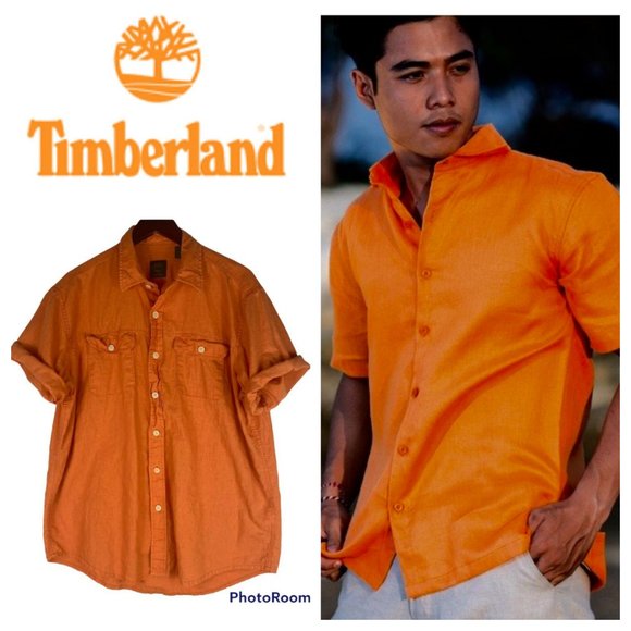 Timberland Other - Timberland Mens Large Button Down Shirt Linen Blend Orange Short Slv.